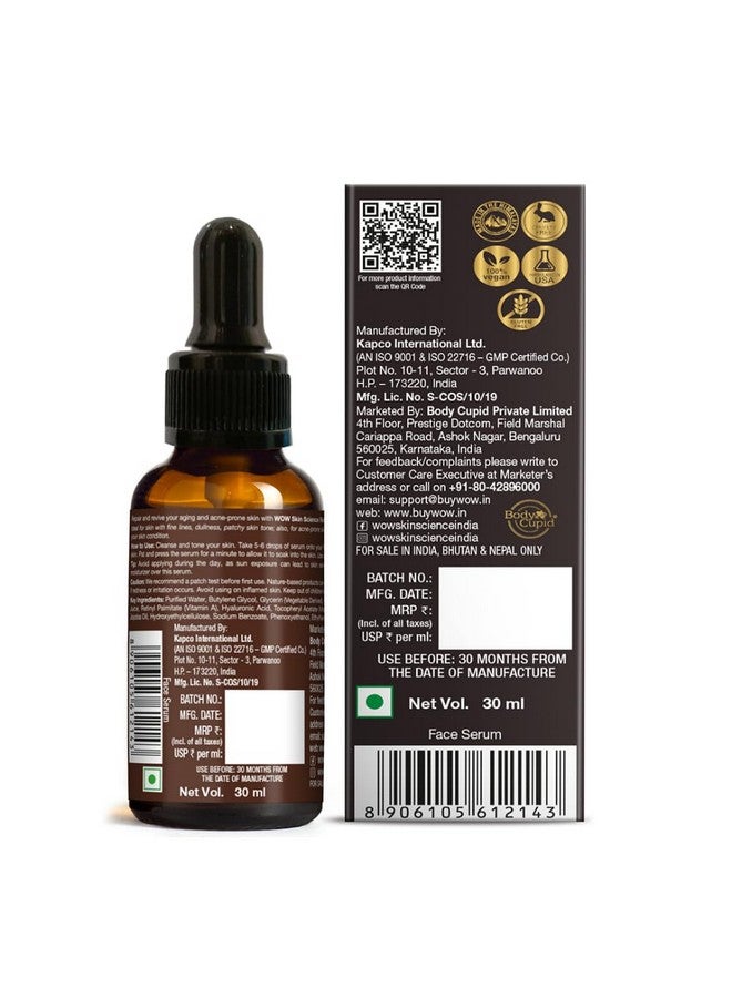 Retinol Face Serum Oil Free Skin Plumping Boost Collagen Anti Acne Anti Aging Restoration No Parabens Silicones & Mineral Oil 30 Ml