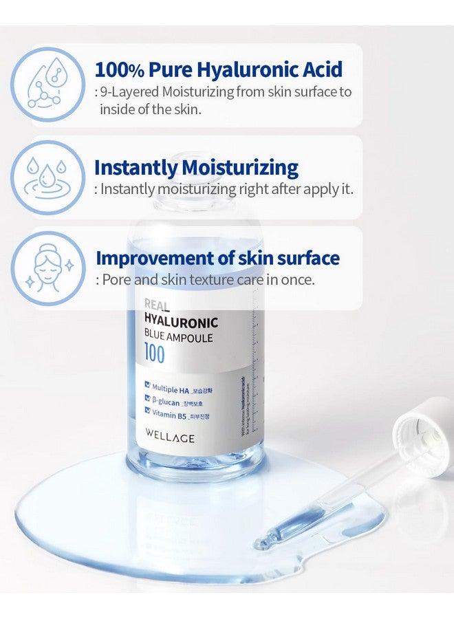 WELLAGE Real Hyaluronic Blue Ampoule 100 100ml (3.38 fl.oz.), Fragrance Free Hyaluronic Acid Ampoule, Hydrating Non Stick y Serum for Sensitive Dry Skin, Remove Impurities, Stable Moisture Absorption