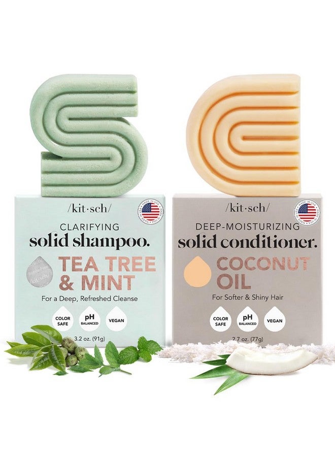 Tea Tree Shampoo Bar Soap & Coconut Oil Hair Conditioner Bar Clarifying Shampoo For Hair Grease Cleansing & Moisturizing Organic Natural Soap Zero Waste Travel Size Hair Care Set Of 2 Pack