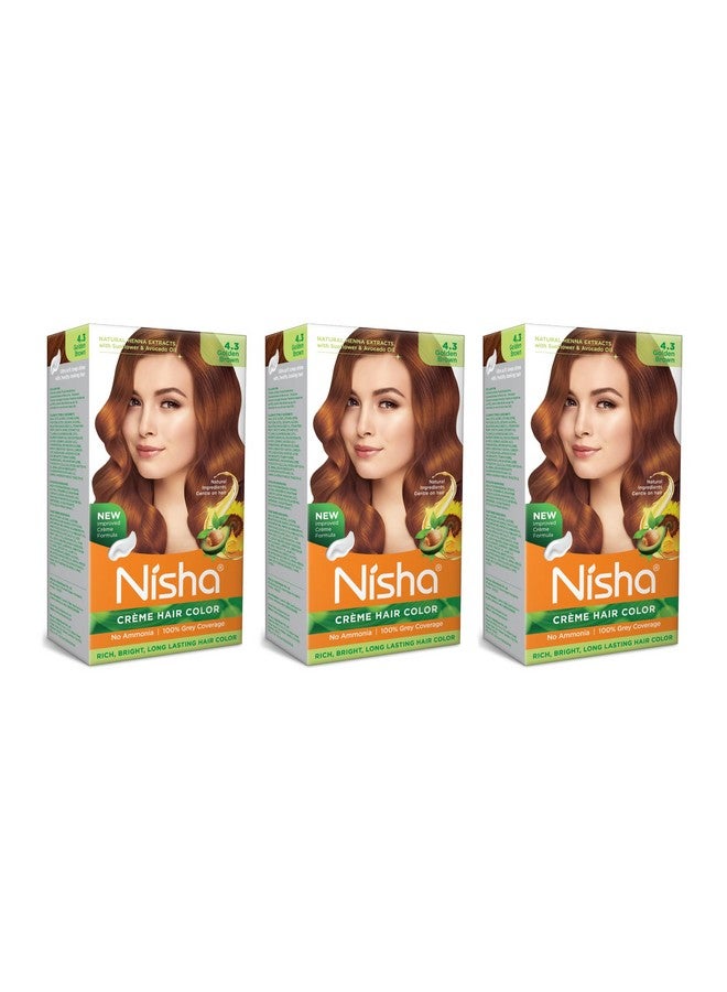 Cream Hair Color Rich Bright Long Lasting Hair Colouring For Ultra Soft Deep Shine 100% Grey Coverage Conditioning With Natural Herbs Golden Brown (Pack Of 3)