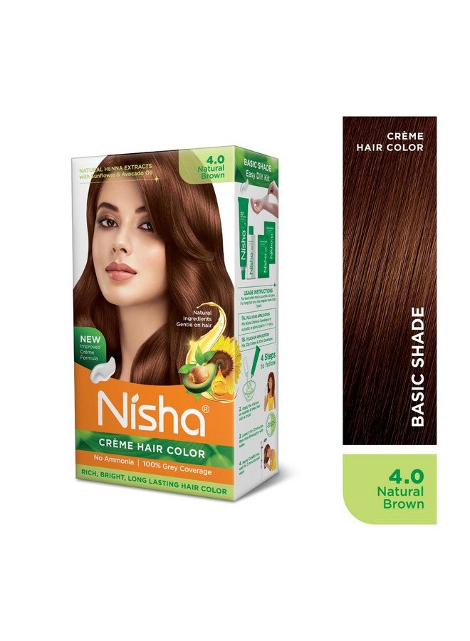 Creme Hair Color Natural Brown, Permanent Hair Colour For Women Men, No Ammonia, Ultra Soft Deep Shine, 100% Grey Coverage, 4.0 Natural Brown Hair Colour 120Gm Pack Of 2