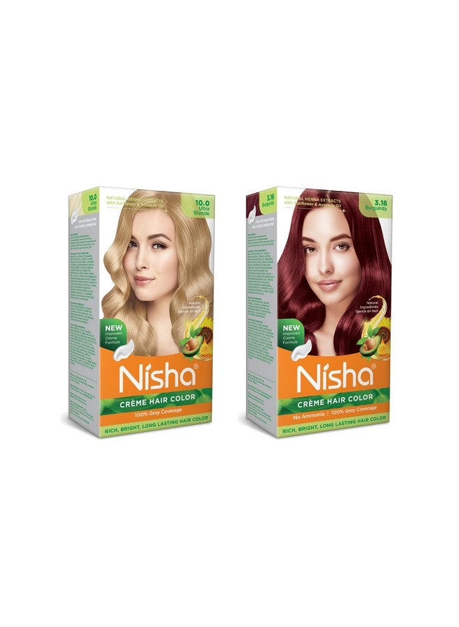 Cream Hair Color Rich Bright Long Lasting Hair Colouring For Ultra Soft Deep Shine 100% Grey Coverage Conditioning With Natural Herbs Ultra Blonde And Burgundy (Pack Of 2) …