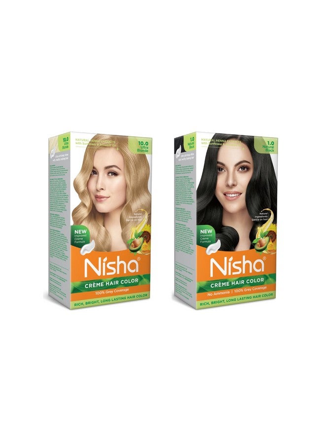 Cream Hair Color Rich Bright Long Lasting Hair Colouring For Ultra Soft Deep Shine 100% Grey Coverage Conditioning With Natural Herbs Ultra Blonde And Natural Black (Pack Of 2) …