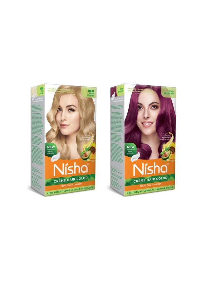 Cream Hair Color Rich Bright Long Lasting Hair Colouring For Ultra Soft Deep Shine 100% Grey Coverage Conditioning With Natural Herbs Ultra Blonde And Wine Burgundy (Pack Of 2) …