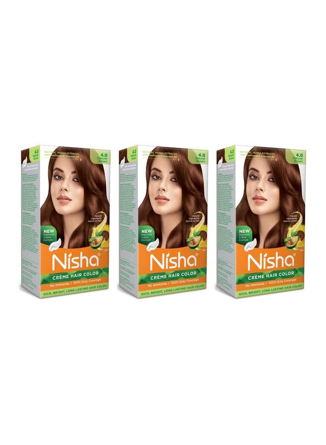 Creme Hair Color Natural Brown 120G Pack Of 3, Permanent Hair Colour With Natural Henna Extracts, No Ammonia, Brown Hair Colour