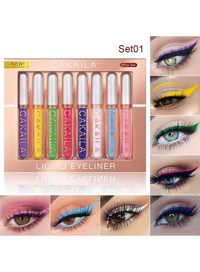 8 Colors Colored Colorful Matte Liquid Makeup Eyeliner Liquid Set Stamps Shapes For Eyes, Pink Red Yellow Blue Purple White Black Liquid Eyeliner Waterproof Color Eye Liners Pencil For Women 01