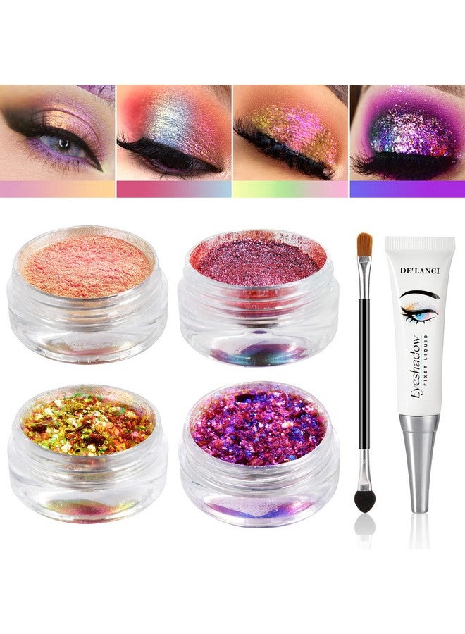 Loose Glitter Eyeshadow Set 2 Multichrome Eyeshadow Powder Pigment 1 Chameleon Eyeshadow Brush 1 Liquid Fixer Holographic Sparkling Eye Shadows Duochrome Makeup