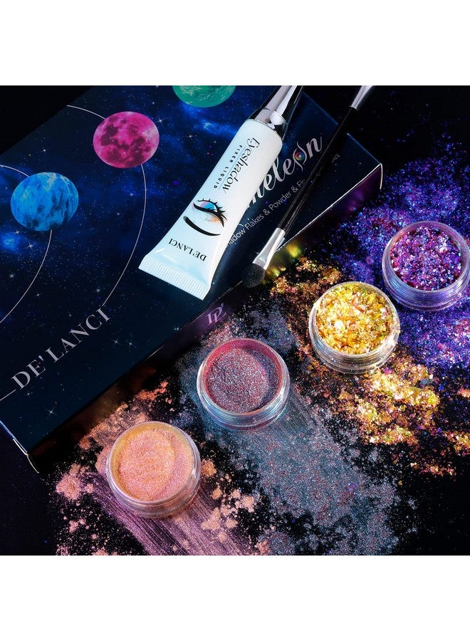 Loose Glitter Eyeshadow Set 2 Multichrome Eyeshadow Powder Pigment 1 Chameleon Eyeshadow Brush 1 Liquid Fixer Holographic Sparkling Eye Shadows Duochrome Makeup
