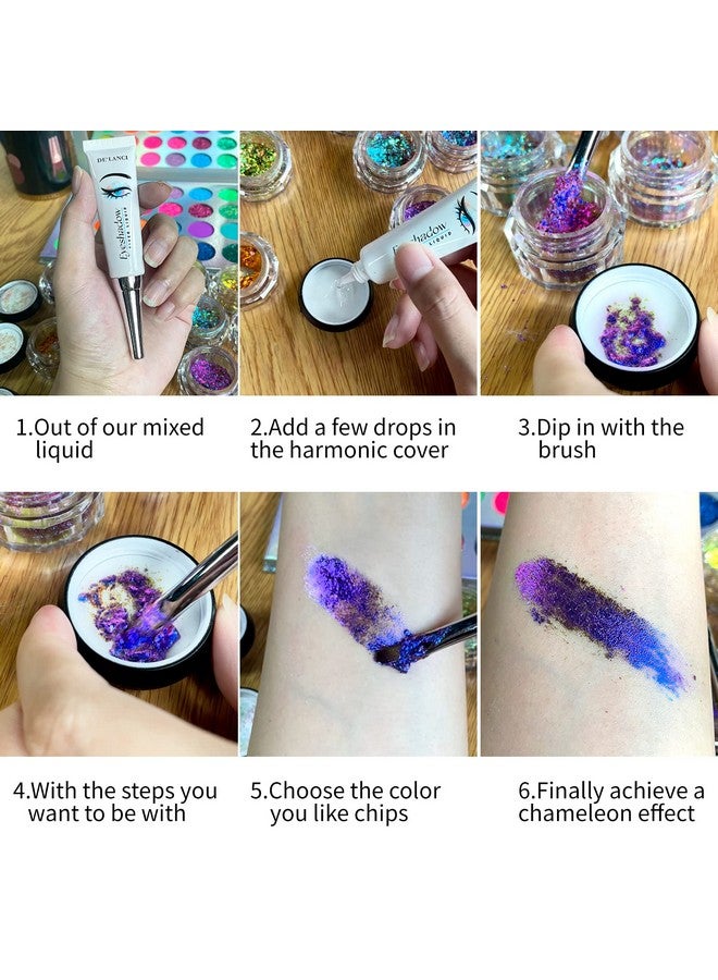 Loose Glitter Eyeshadow Set 2 Multichrome Eyeshadow Powder Pigment 1 Chameleon Eyeshadow Brush 1 Liquid Fixer Holographic Sparkling Eye Shadows Duochrome Makeup