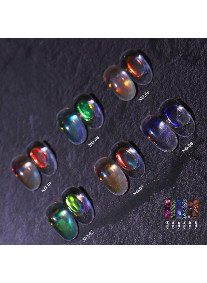 Ice Transparent Aurora Nail Powder Neon Rainbow Holographic Chameleon Powder Multi Chrome Iridescent Pigment Pearlescent Nail Art Glitters (6 Boxes Transparent)