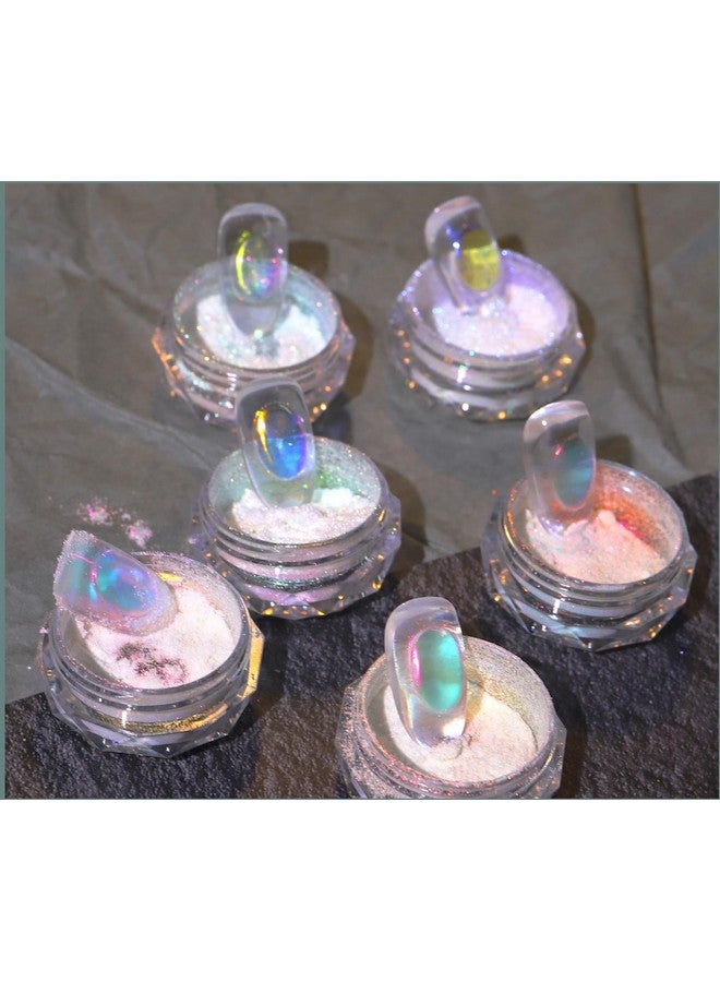 Ice Transparent Aurora Nail Powder Neon Rainbow Holographic Chameleon Powder Multi Chrome Iridescent Pigment Pearlescent Nail Art Glitters (6 Boxes Transparent)