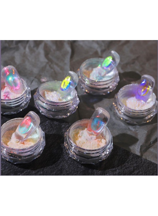 Ice Transparent Aurora Nail Powder Neon Rainbow Holographic Chameleon Powder Multi Chrome Iridescent Pigment Pearlescent Nail Art Glitters (6 Boxes Transparent)