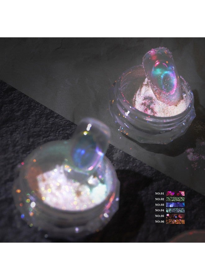 Ice Transparent Aurora Nail Powder Neon Rainbow Holographic Chameleon Powder Multi Chrome Iridescent Pigment Pearlescent Nail Art Glitters (6 Boxes Transparent)