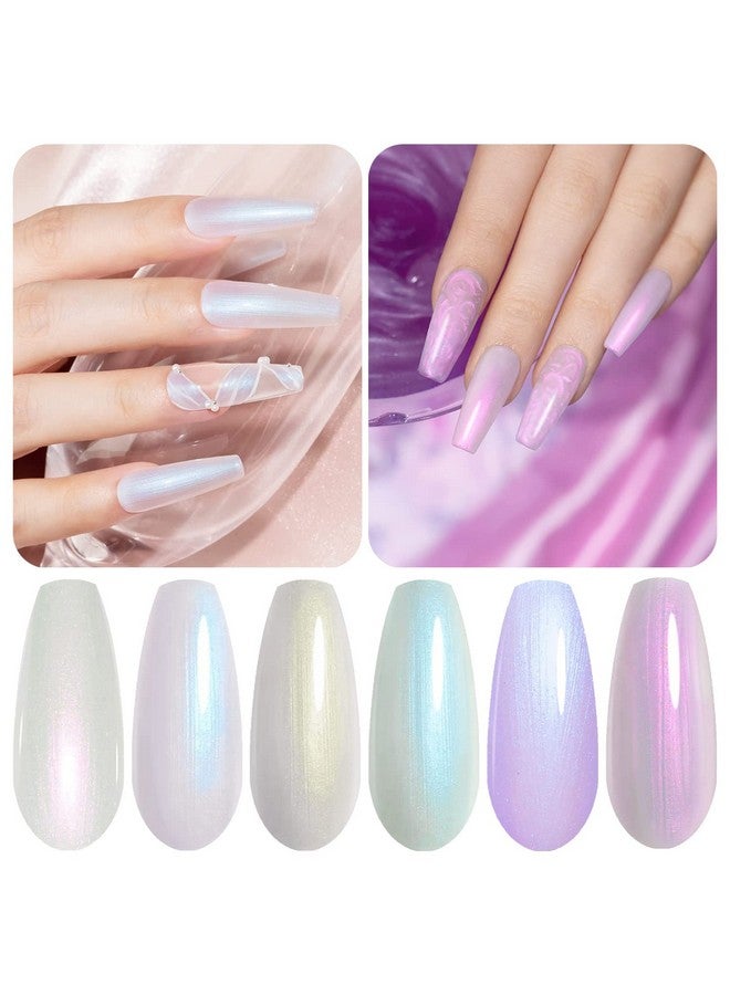 Pearl Gel Nail Polish Colleaction Glitter Pearlescent Shell Gel Polish Beige White Pearl Blue Purple Shimmer Mermaid Swirl Thread Effect Nail Gel Soak Off Led Uv Diy Manicure 6Pcs