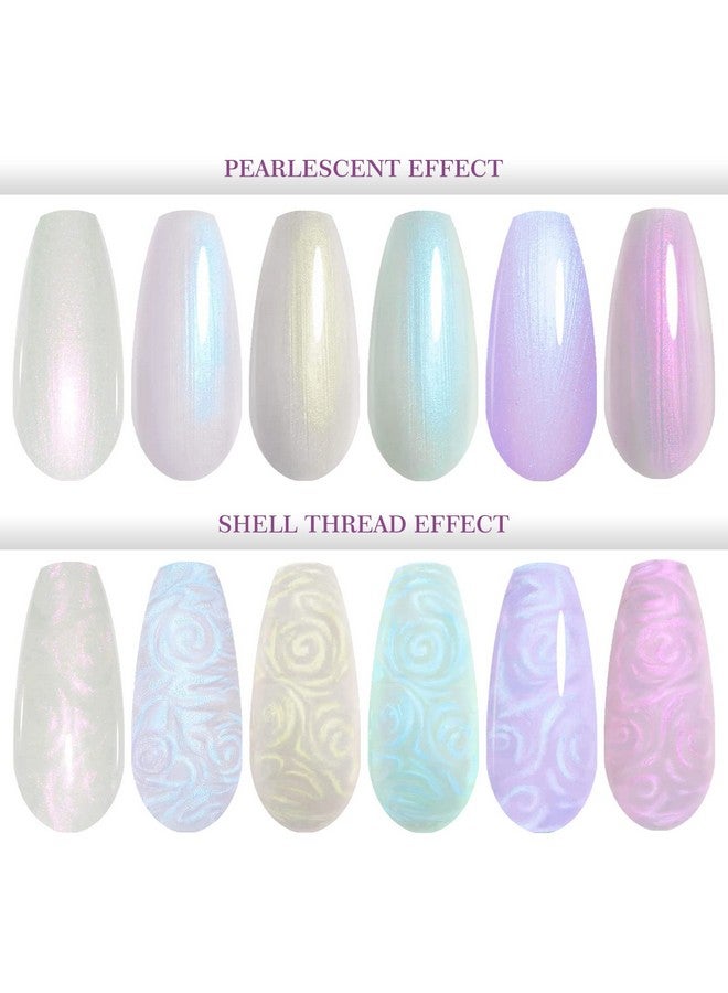 Pearl Gel Nail Polish Colleaction Glitter Pearlescent Shell Gel Polish Beige White Pearl Blue Purple Shimmer Mermaid Swirl Thread Effect Nail Gel Soak Off Led Uv Diy Manicure 6Pcs