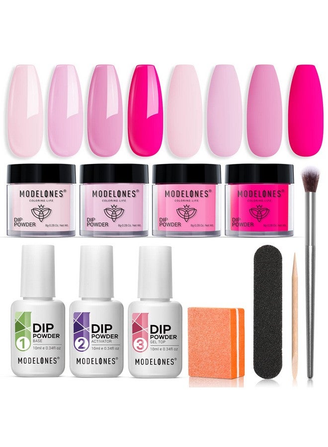 Dip Powder Nail Kit Starter 4 Colors Hot Pink Summer Bright Dipping Powder Essential Liquid Set With Base Top Coat Activator French Nail Art Manicure Diy Salon Kit Gifts For Mom