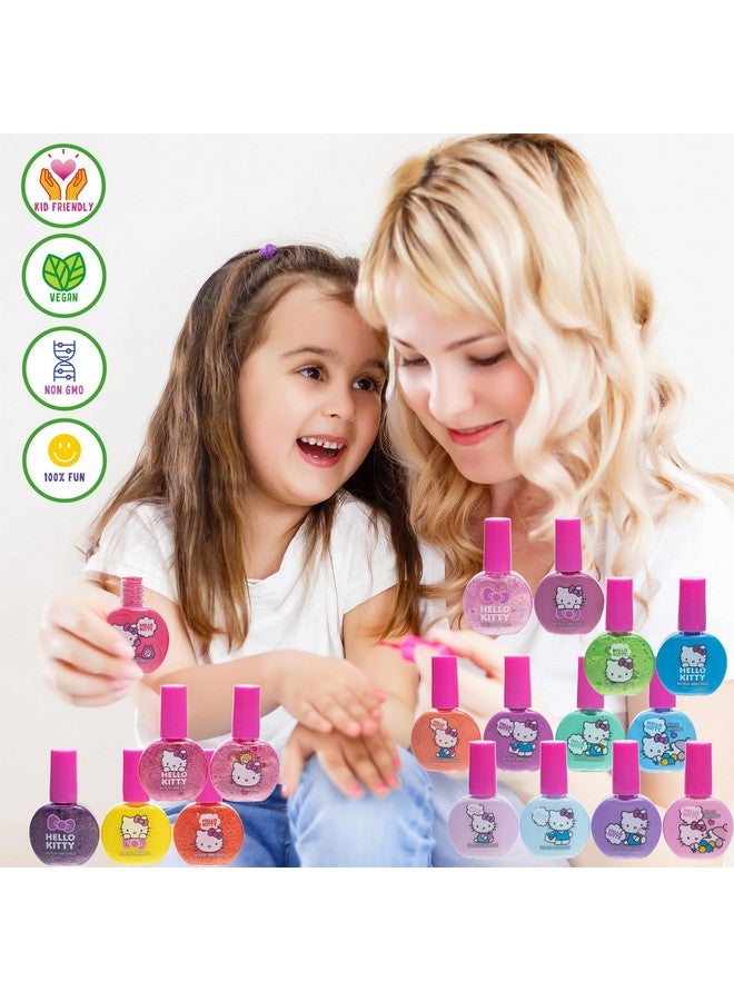 Hello Kitty Nontoxic Waterbased Peeloff Nail Polish Set With Glittery Shimmery & Opaque Colors For Girl Kids Ages 3+ Perfect For Parties Sleepovers & Makeovers 18 Pcs