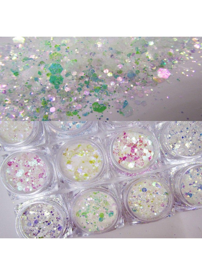 12 Colors Mermaid Iridescent Chunky Glitter Hexagon Fine Glitters Sequins Flakes & Powder Pigment For Epoxy Resin Makeup Body Crafts Nail Art Designs