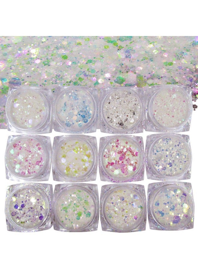 12 Colors Mermaid Iridescent Chunky Glitter Hexagon Fine Glitters Sequins Flakes & Powder Pigment For Epoxy Resin Makeup Body Crafts Nail Art Designs