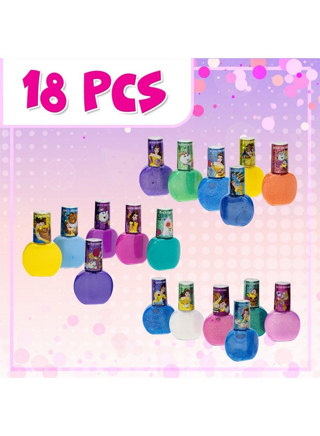 Disney Princess Belle 18 Pcs Nontoxic Peeloff Waterbased Safe Quick Dry Nail Polish Kit Birthday Gift Nail Paint Set For Girls Glittery And Opaque Colors Kids Ages 3+