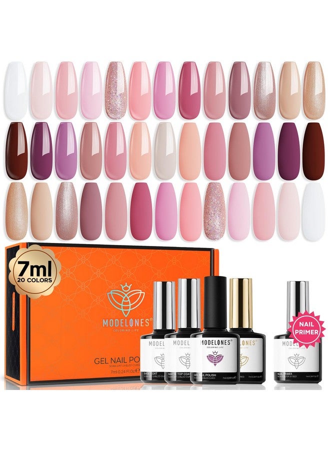 24 Pcs Gel Nail Polish Kit 20 Colors Neutral Nude Pink Glitter Skin Tone Gel Polish Nail Set With Bond Primer Glossy & Matte Top Base Coat Nail Art Diy Home Gifts