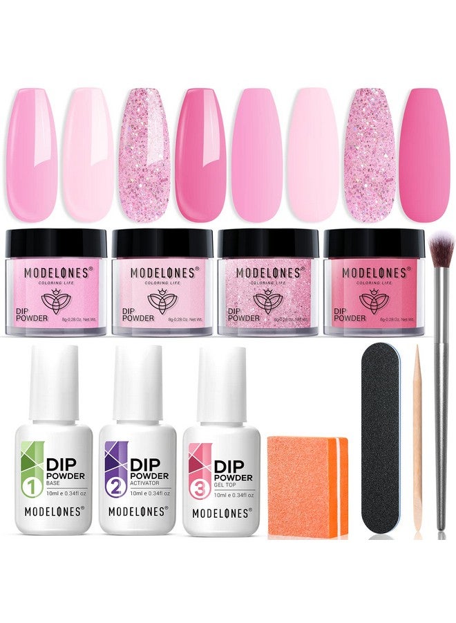 Dip Powder Nail Kit Starter 4 Colors Light Hot Pink Glitter Dipping Powder Essential Liquid Set With Base Top Coat Activator French Nail Art Beginner Manicure Diy Salon Mother'S Day Gift