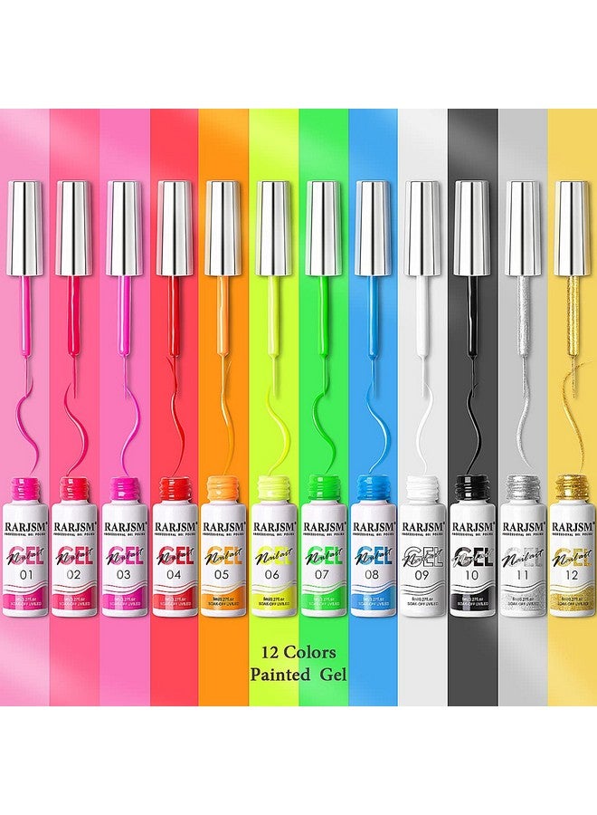 Painted Nail Polish Set 12 Colors Neon Pink Yellow Green Glitter Silver Gold Nail Art Painting Manicure Tools Diy Drawing Nail Gel For Line Uv Led Required