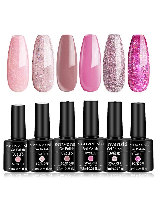 Gel Nail Polish Light Pink Peach Red Cherry Rose Pearl Glitter Shimmer Crystal Girlfriend Gift Uv Led Manicure Art Varnish Set Kit 6Pcs (Cs6001)