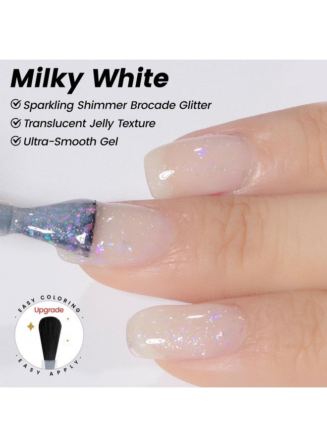 Brocade Glitter Nude Iridescent Gel Nail Polish,15Ml Milky White Shimmer Jelly Translucent Neutral Holographic Sparkly Flakes Uv Spring Nail Gel Varnish,Sf347