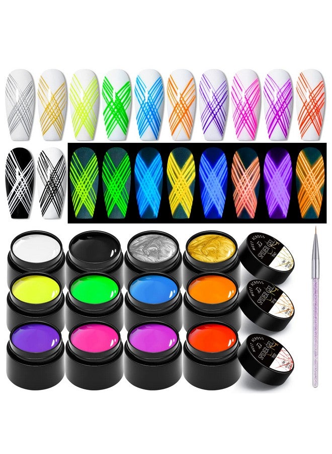 12 Colors Luminous Spider Gel Glow In The Dark Spider Gel For Nail Art Elastic Wire Drawing Gel For Line With Brush Soak Off Uv Led Drawing Gel Nail Art Design Gel With Neon Fluorescent Effect