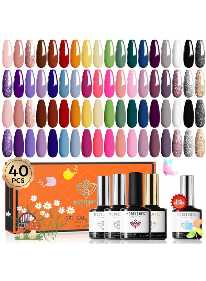 40 Pcs Gel Nail Polish Set, 36 Colors Summer Hot Pink Nude White Gel Polish Kit Black Green Blue Glitter Nail Gel Polish With Base & Matte Glossy Top Coat& Primer Soak Off Nail Art Gel Gift