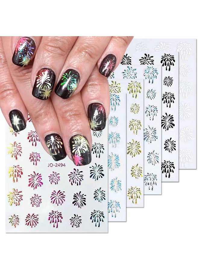 6Pcs Colorful Firework Nail Stickers Decal 3D Selfadhesive Romantic Starry Sky Sparkling Fireworks Holographic Laser Gold Silver Design Blooming Pyrotechnics New Year For Women Manicure Decoration