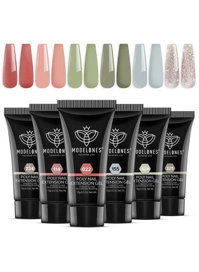 6 Colors Poly Nail Gel Set Poly Nail Extension Gel Colors Tubes Kit Glitter Nude Coral Green Light Blue All Seasons Manicure Salon At Home