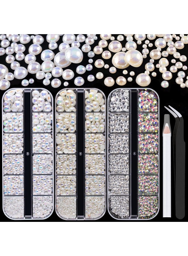 4000Pcs Flatback Rhinestones And Half Round Pearls Kit 1 Multi Size Glass Clear & Ab Crystals Plastic Flat Back White Ab & Beige Ab Dome Bead With Pickup Pencil And Tweezer For Nail Art