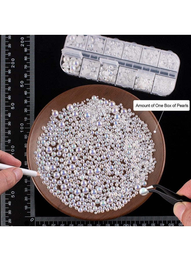 4000Pcs Flatback Rhinestones And Half Round Pearls Kit 1 Multi Size Glass Clear & Ab Crystals Plastic Flat Back White Ab & Beige Ab Dome Bead With Pickup Pencil And Tweezer For Nail Art