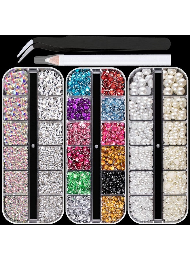 3 Boxes Of Flat Back Nail Art Crystal Rhinestones+Pearl Set 1 Colorful+Ab+Transparent White Rhinestone+Half Round White&Beige Pearl With Picker Pencil And Tweezer For Home Diy And Professional Use