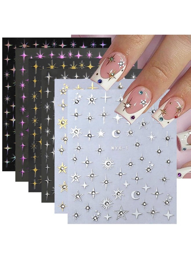 Star Nail Stickers For Nail Art 6Pcs 3D Selfadhesive Gold Silver Laser Stars Nail Art Stickers Shiny Crystal Design Star Sticker For Nails Diy Accessories Luxury Nail Decals Women Manicure Supplies