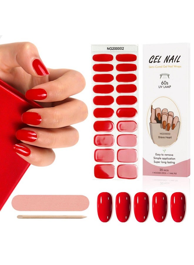 20Pcs Semi Cured Gel Nail Polish Strips Red Adhesive Full Wrap Gel Nail Art Sticker Waterproof Gel Nail Wrap Stickers With Nail File And Stick（Uvled Lamp Required）