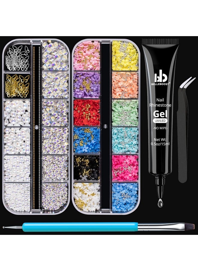 Nail Art Rhinestone Glue Gel&2 Boxes 3D Charms Accessories Kit 1 1 Pc Of 15Ml Rhinestone Glue(Uvled Needed)+3D Flowers Nail Decors Gems Crystal Pearls Bow Beads With Dualend Brush Tool And Tweezer