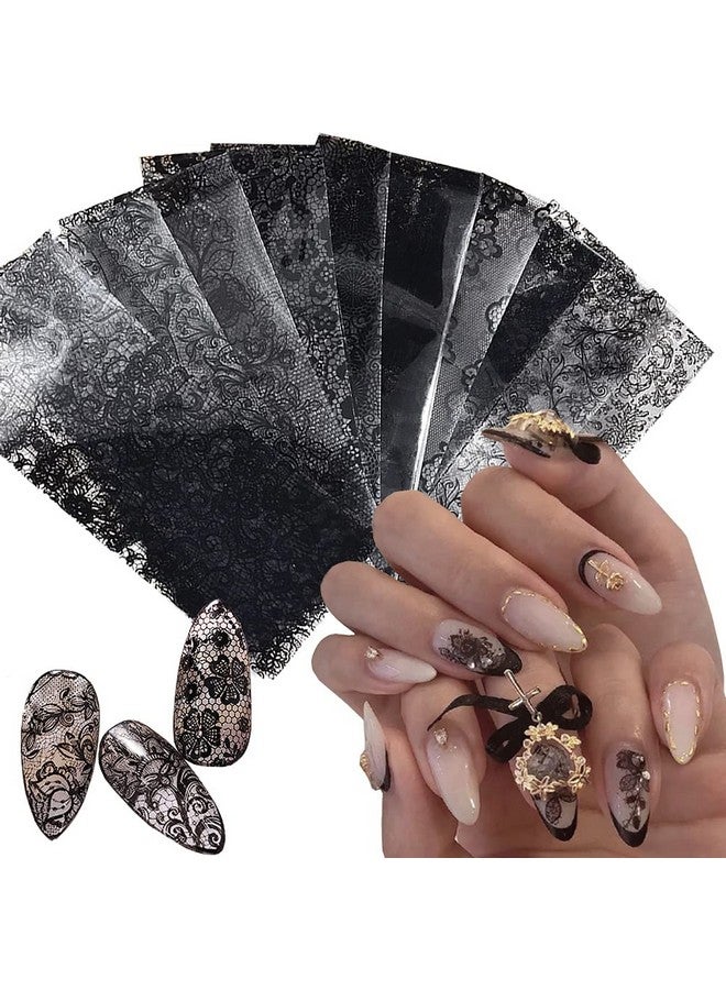 Retro Holographic Nail Art Foil Transfer Stickers Black Lace Foils Nail Art Supplies Nail Foil Lace Flower Pattern Designs Stickers Decals For Women Acrylic Nails Floral Manicure Decorations 10 Sheets