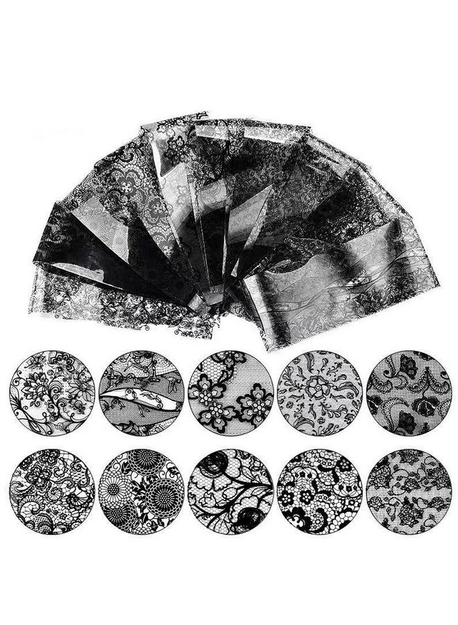 Retro Holographic Nail Art Foil Transfer Stickers Black Lace Foils Nail Art Supplies Nail Foil Lace Flower Pattern Designs Stickers Decals For Women Acrylic Nails Floral Manicure Decorations 10 Sheets