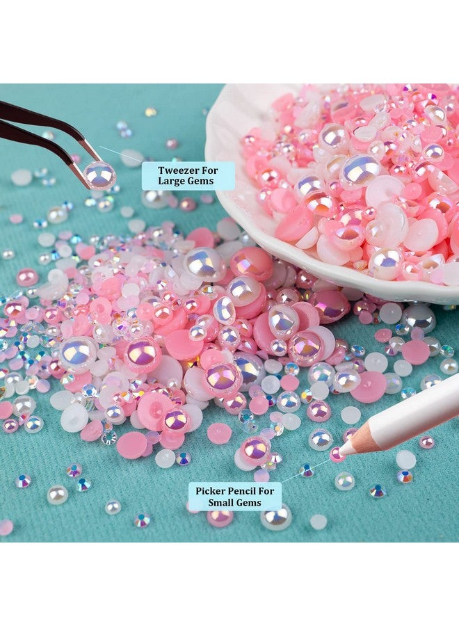 50G Flatback Pearls And Rhinestones Set 1Pink&White Mixed Size 310Mm Resin Rhinestones And Half Pearls For Nail Art And Crafts And Decoration With Tweezer And Pickup Pencil