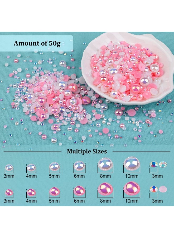 50G Flatback Pearls And Rhinestones Set 1Pink&White Mixed Size 310Mm Resin Rhinestones And Half Pearls For Nail Art And Crafts And Decoration With Tweezer And Pickup Pencil