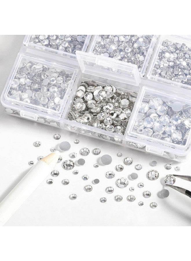 4300Pcs Flatback Rhinestonesclear Rhinestones Nail Gems Round Crystal Rhinestones For Craftsmixed 6 Sizes With Picking Tweezers And Wax Pencil Kit Ss6Ss20Crystal