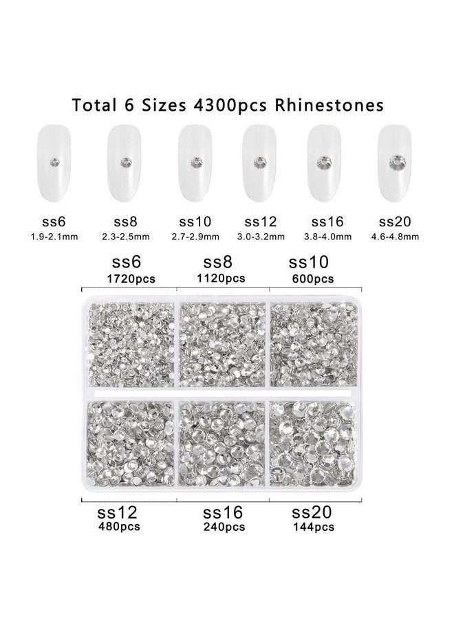 4300Pcs Flatback Rhinestonesclear Rhinestones Nail Gems Round Crystal Rhinestones For Craftsmixed 6 Sizes With Picking Tweezers And Wax Pencil Kit Ss6Ss20Crystal