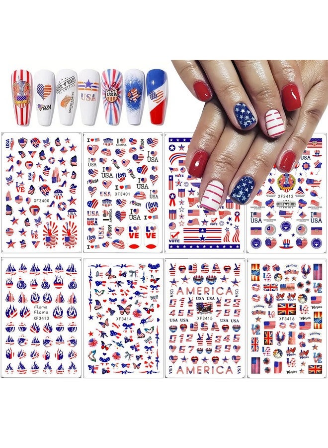 4Th Of July Nail Art Stickers 8Sheets American Flag Patriotic Nail Decals Independence Day 3D Nail Stickers Nail Supply Usa Flags Heart Star Design Manicure Sliders For Memorial Day Nail Decorations