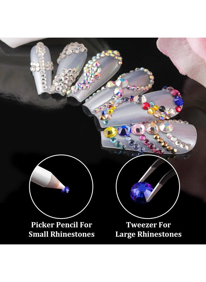 Ab And Clear And Mixed Color Flatback Round Rhinestones Kit Multi Size Glass Crystals Bead With Pickup Pencil And Tweezer For Diy Nail Art