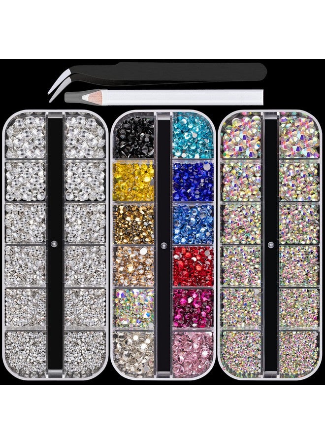 Ab And Clear And Mixed Color Flatback Round Rhinestones Kit Multi Size Glass Crystals Bead With Pickup Pencil And Tweezer For Diy Nail Art