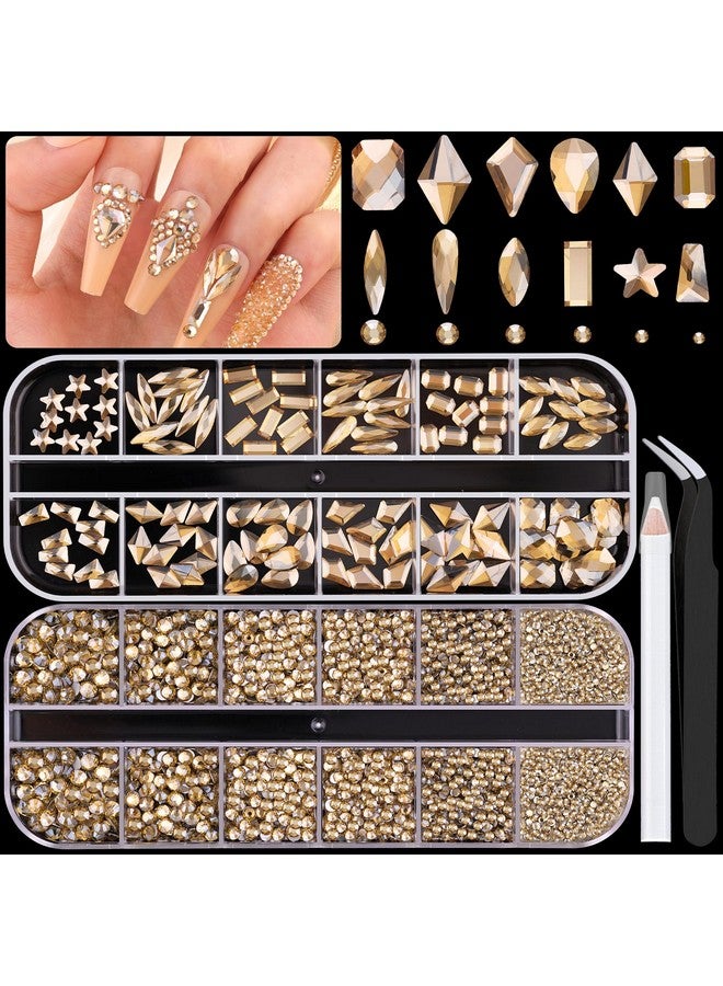 3220Pcs Champagne Gold Glass Nail Rhinestones 120Pcs Multi Shapes Flatback Gems Crystal+3100Pcs 1.54Mm Round Beads Manicure Diomand Jewelry Gemstones For Nail Design Makeup Acrylic Nails Decoration