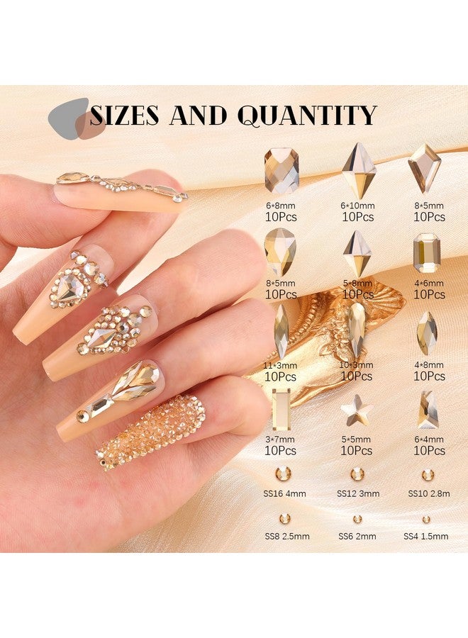 3220Pcs Champagne Gold Glass Nail Rhinestones 120Pcs Multi Shapes Flatback Gems Crystal+3100Pcs 1.54Mm Round Beads Manicure Diomand Jewelry Gemstones For Nail Design Makeup Acrylic Nails Decoration